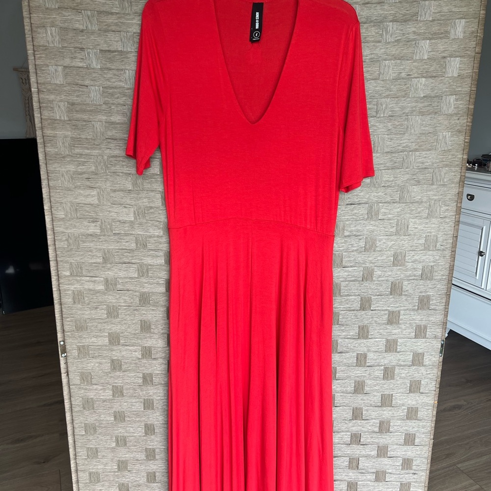 Agnes & Dora Orange A-Line Midi Dress with V-Neck